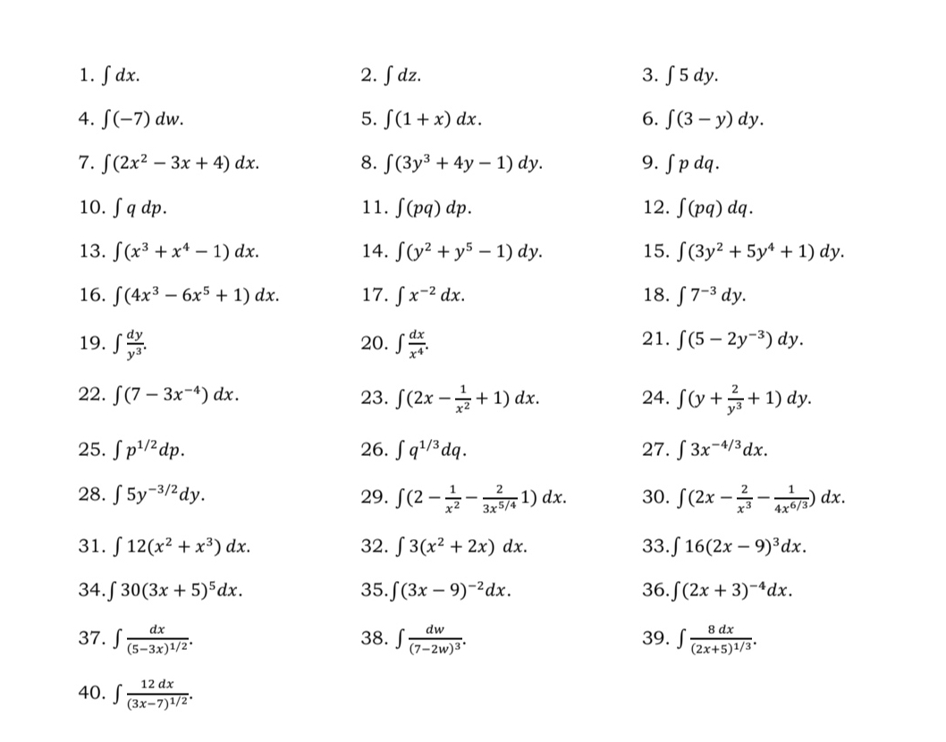 d x . ( - 7 ) d w . ( 2 x 2 - 3 x + 4 ) d x . q d