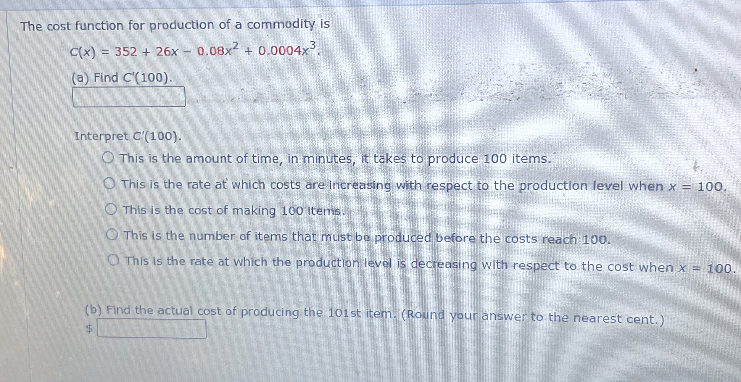The cost function for production of a commodity