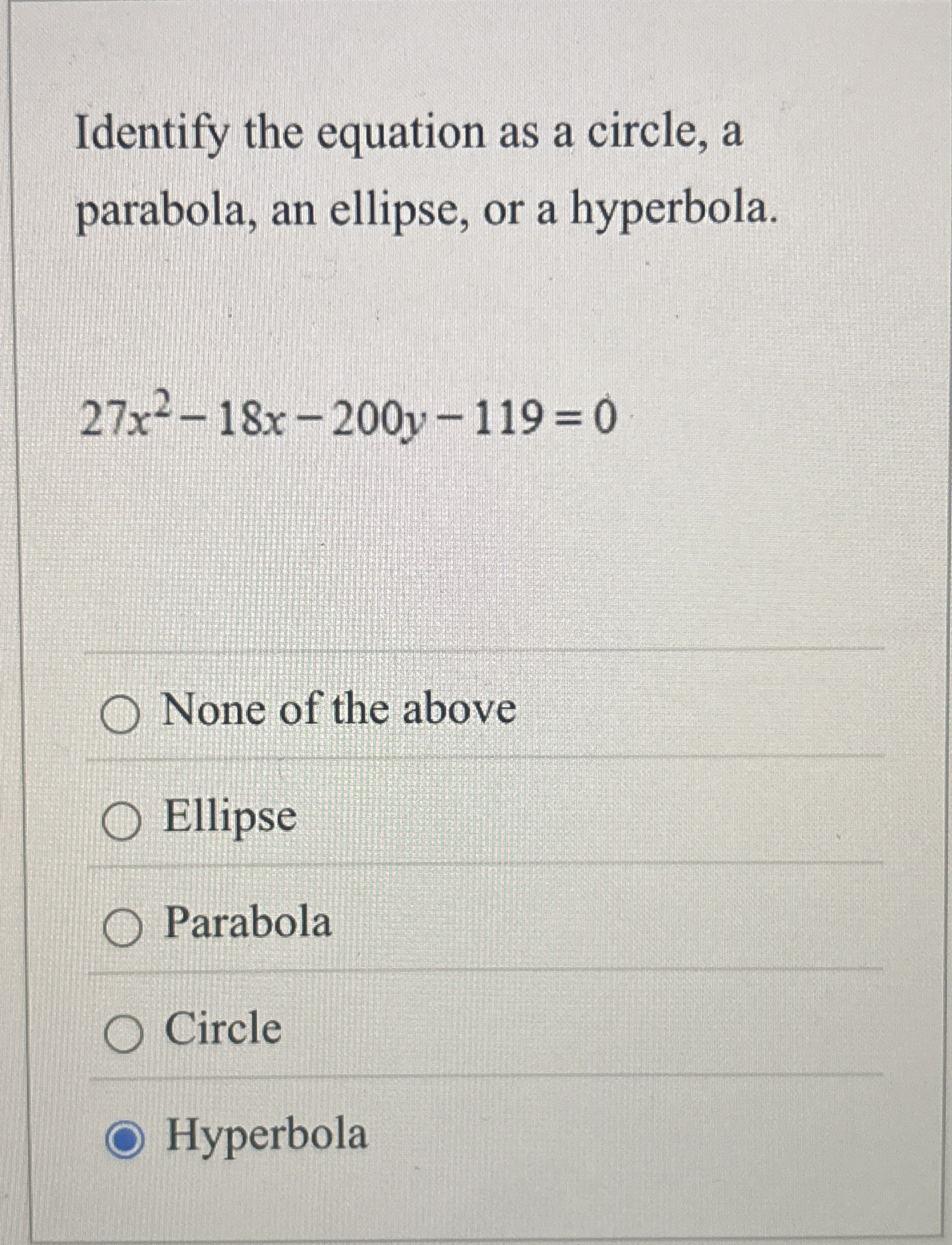 Identify the equation as a circle, a parabola, an