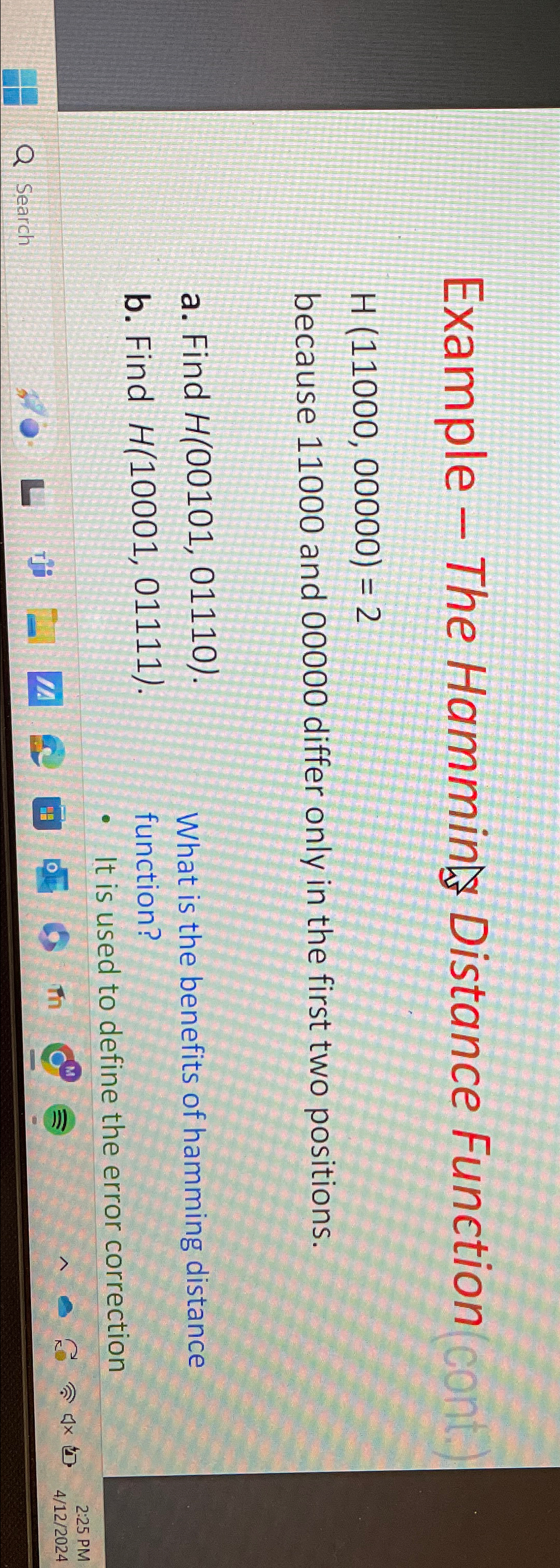 Example - The Hammind Distance Function H ( 1 1 0