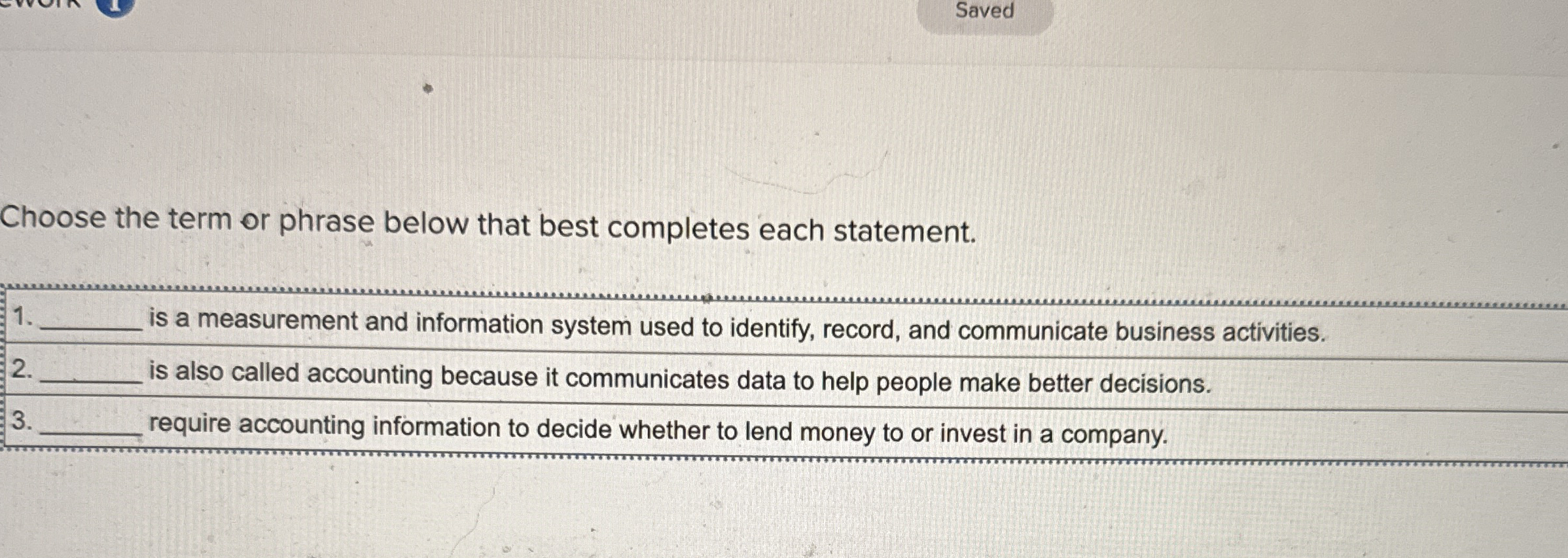 Saved Choose the term or phrase below that best