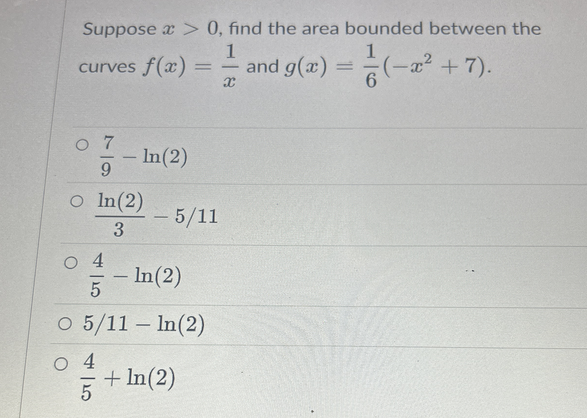 Suppose x > 0 , find the area bounded between the