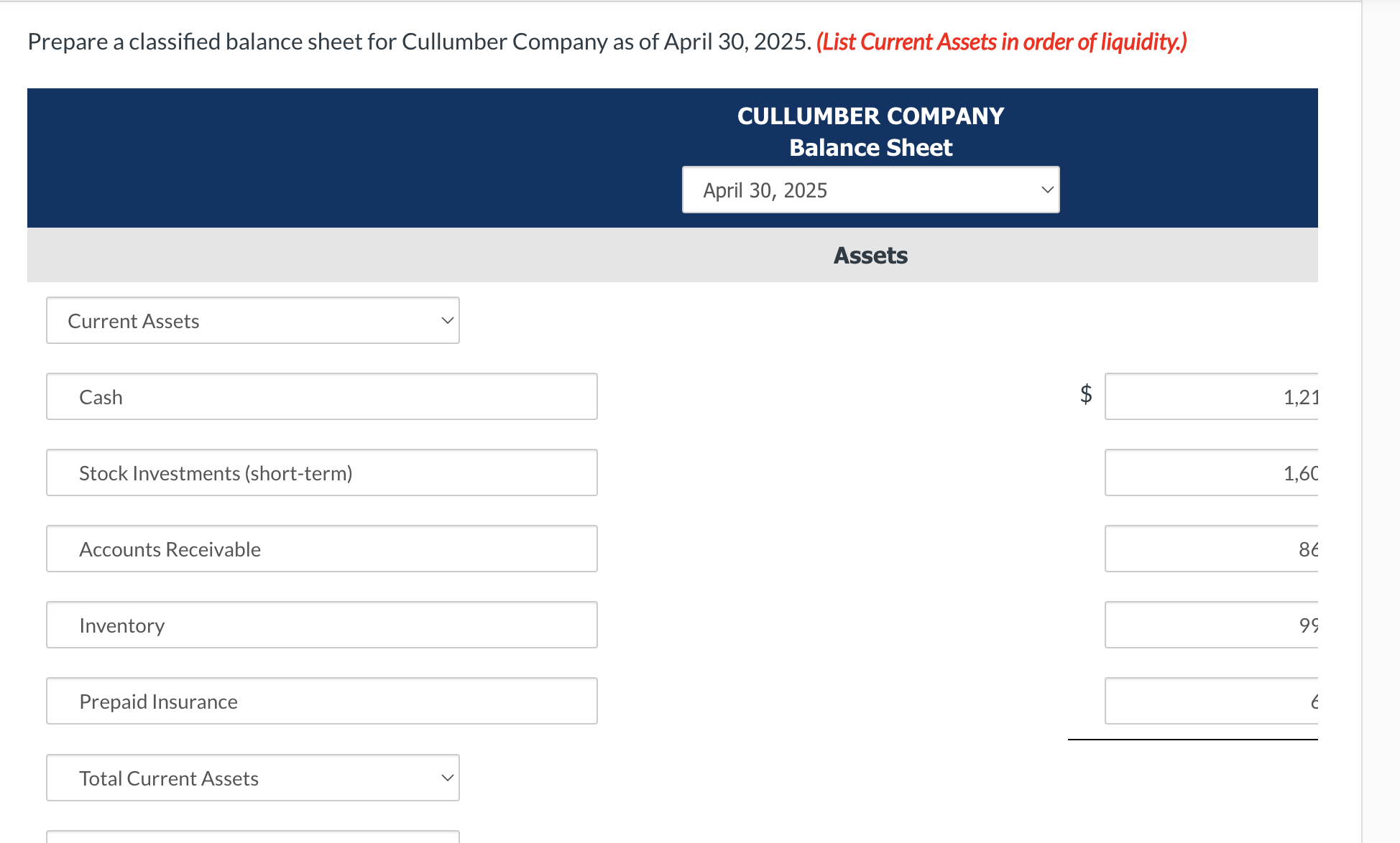 Prepare a classified balance sheet for Cullumber