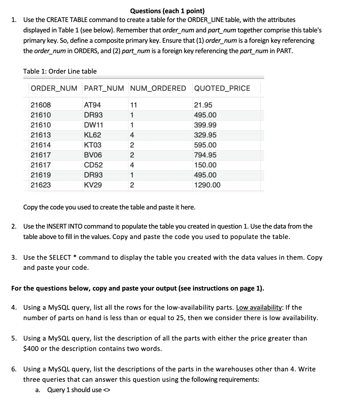 Questions ( each 1 point ) Use the CREATE TABLE