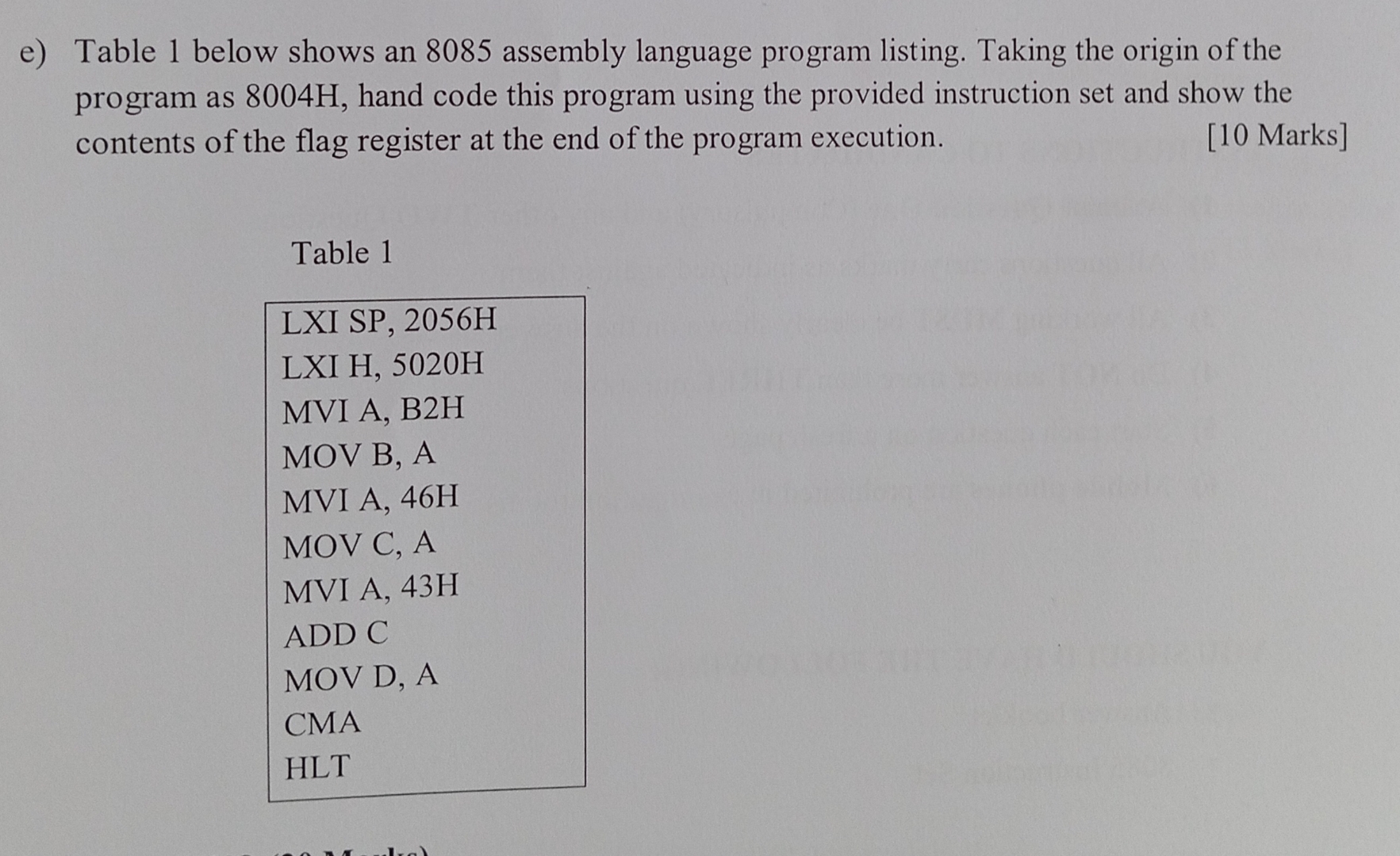 e ) Table 1 below shows an 8 0 8 5 assembly