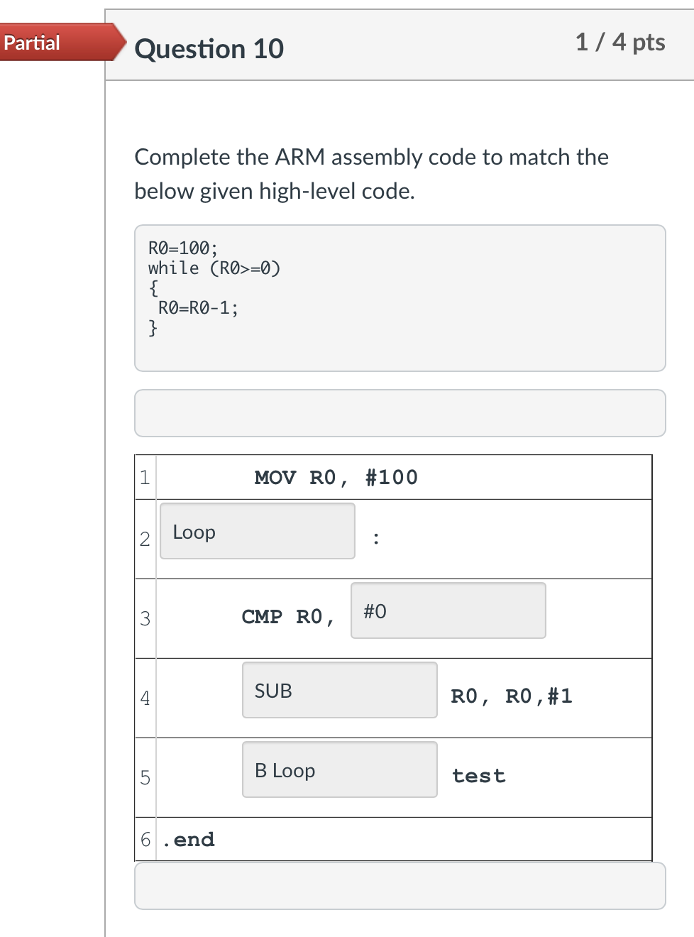 Complete the ARM assembly code to match the below