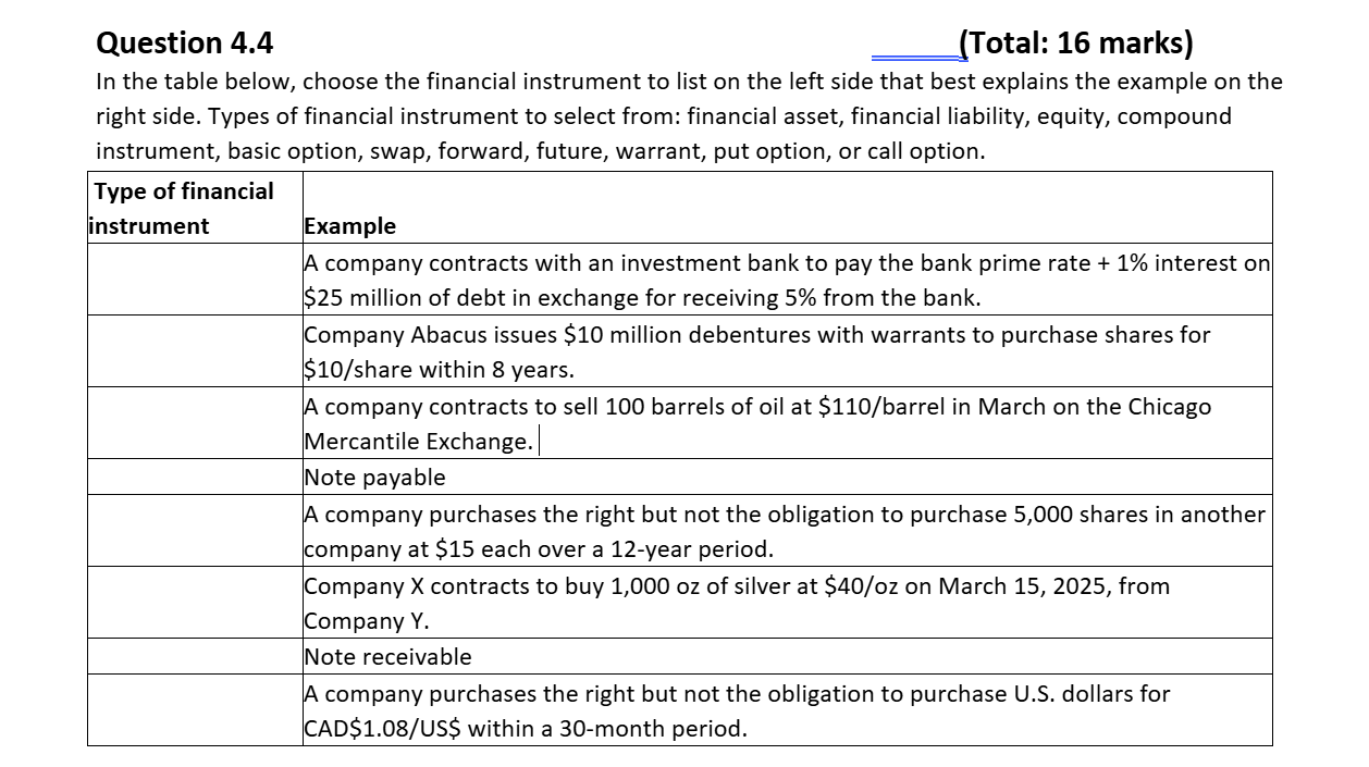 Question 4 . 4 ( Total: 1 6 marks ) In the table