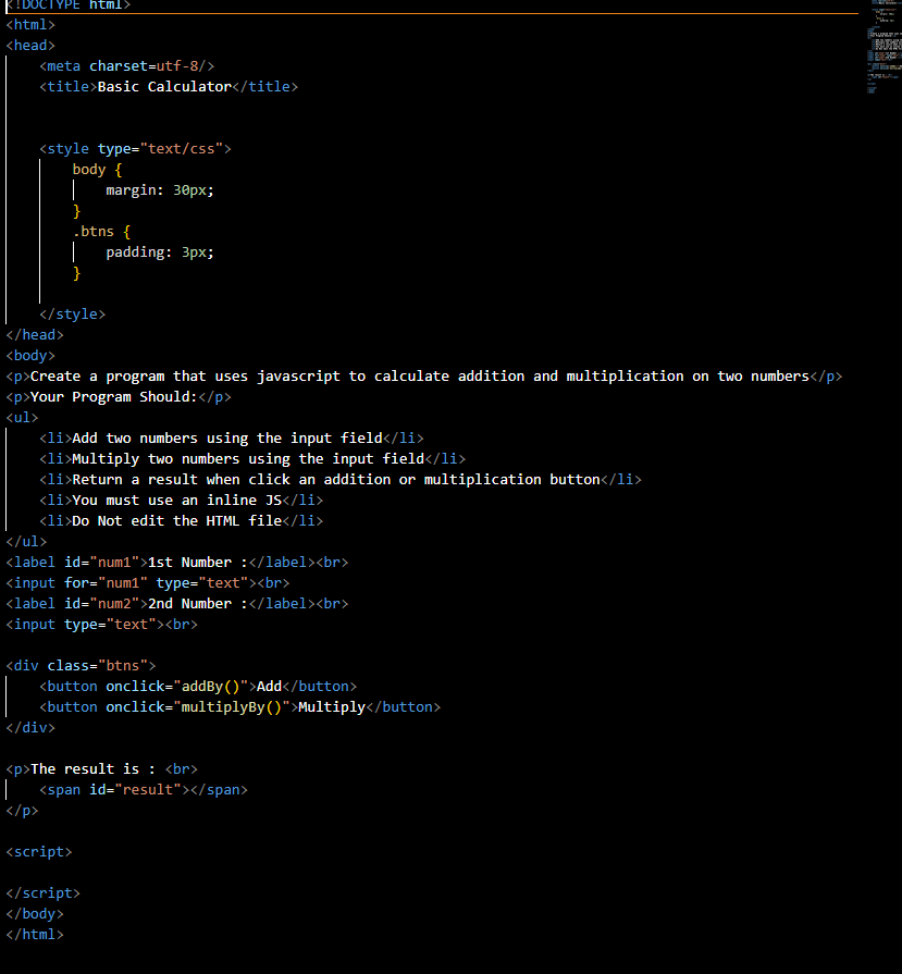Create a program that uses javascript to