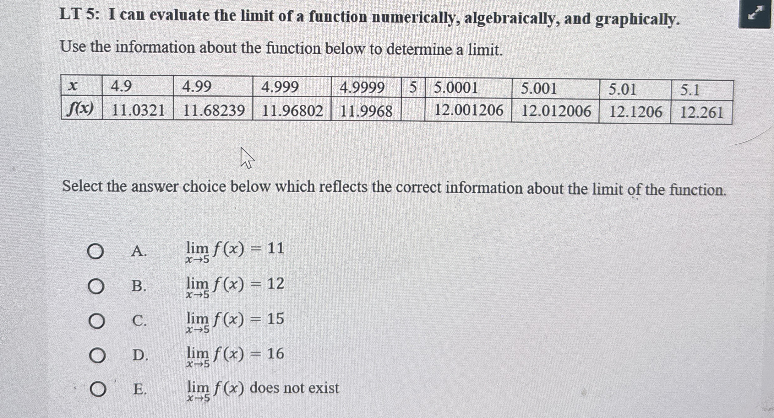 LT 5 : I can evaluate the limit of a function
