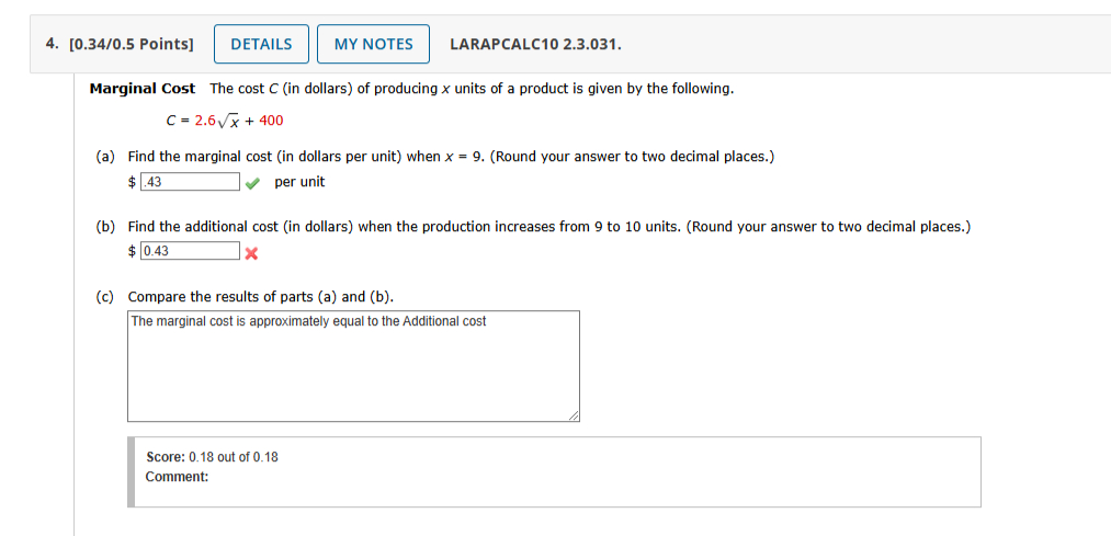 Marginal Cost The cost \ ( C \ ) ( in dollars )