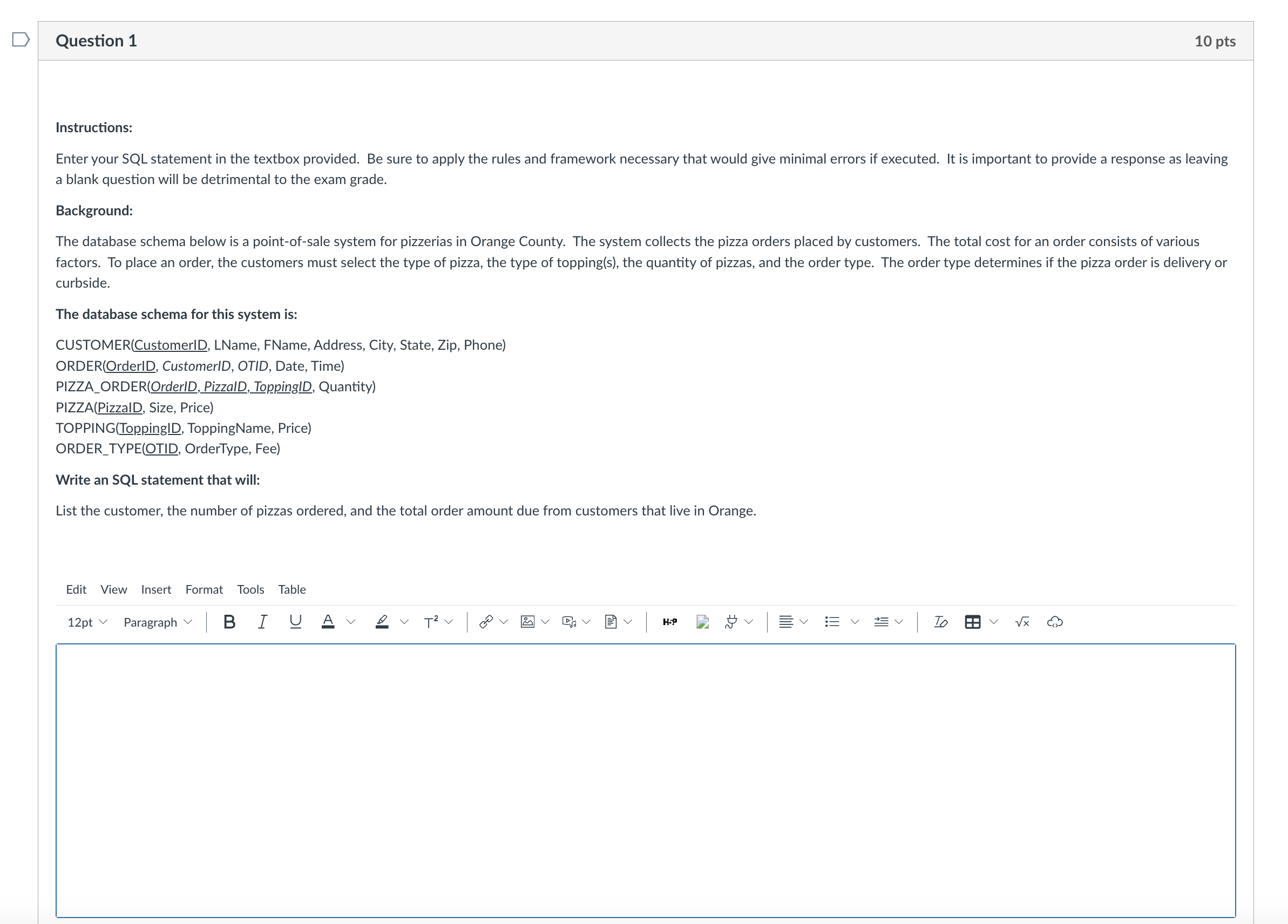 Enter your SQL statement response in the textbox