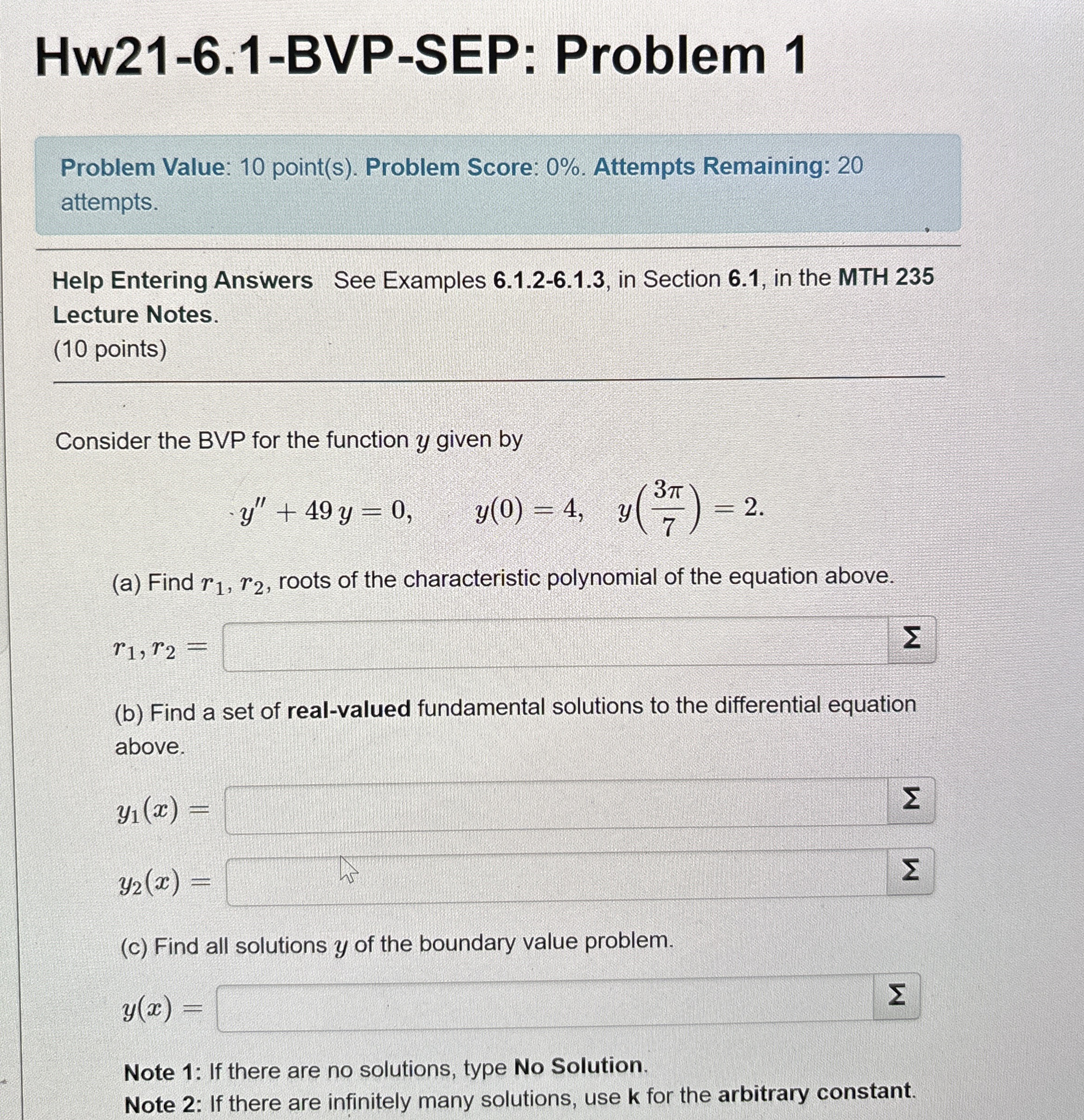 Hw 2 1 - 6 . 1 - BVP - SEP: Problem 1 Problem