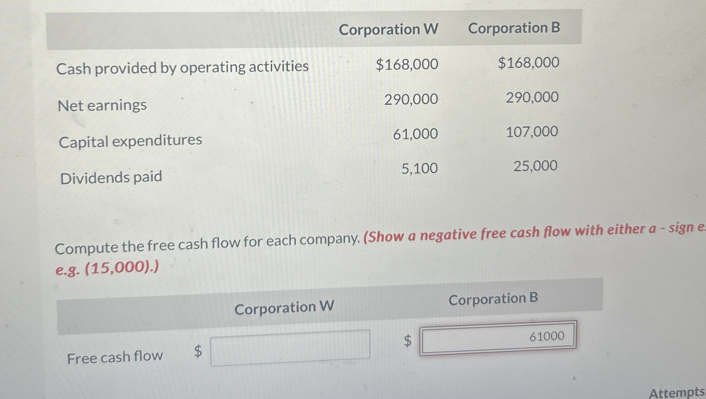 \ table [ [ , Corporation W , Corporation B ] , [