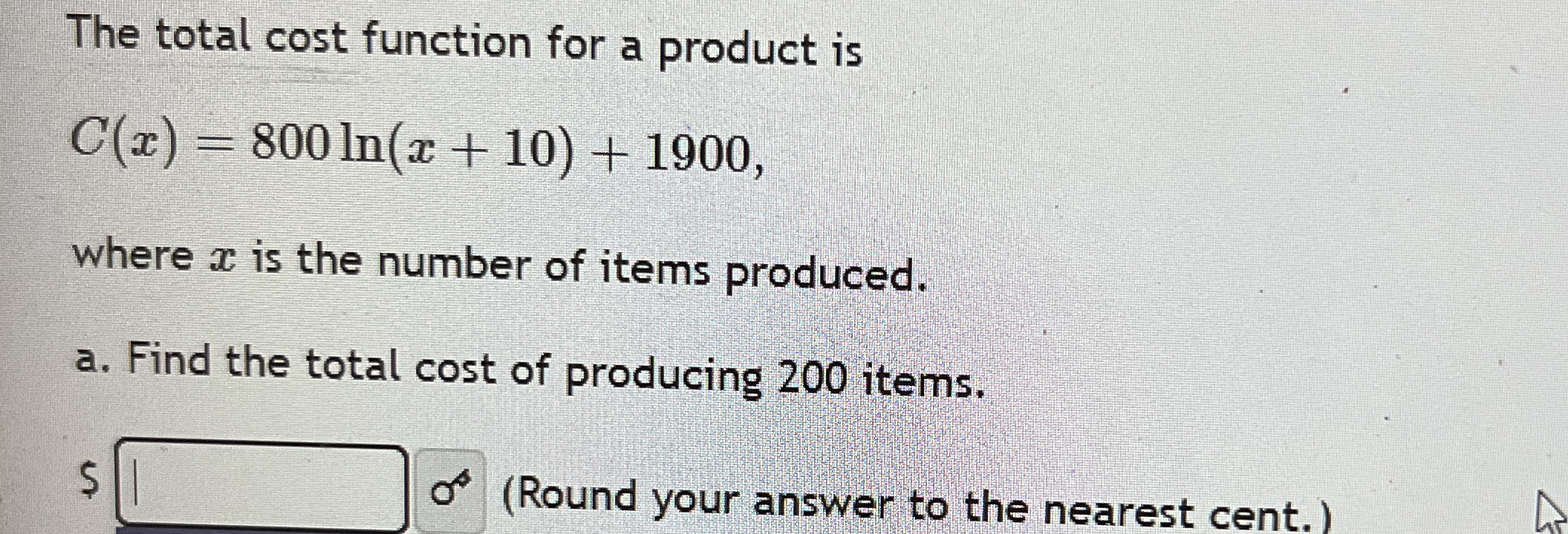 The total cost function for a product is C ( x )
