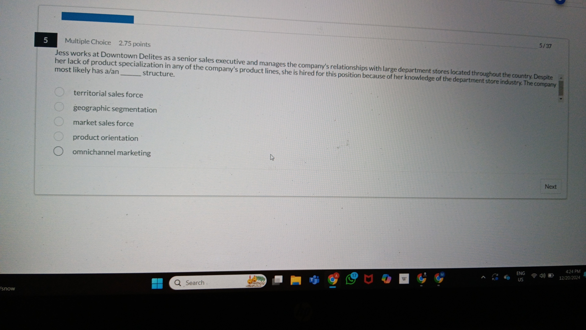 5 Multiple Choice 2 . 7 5 points Jess works at