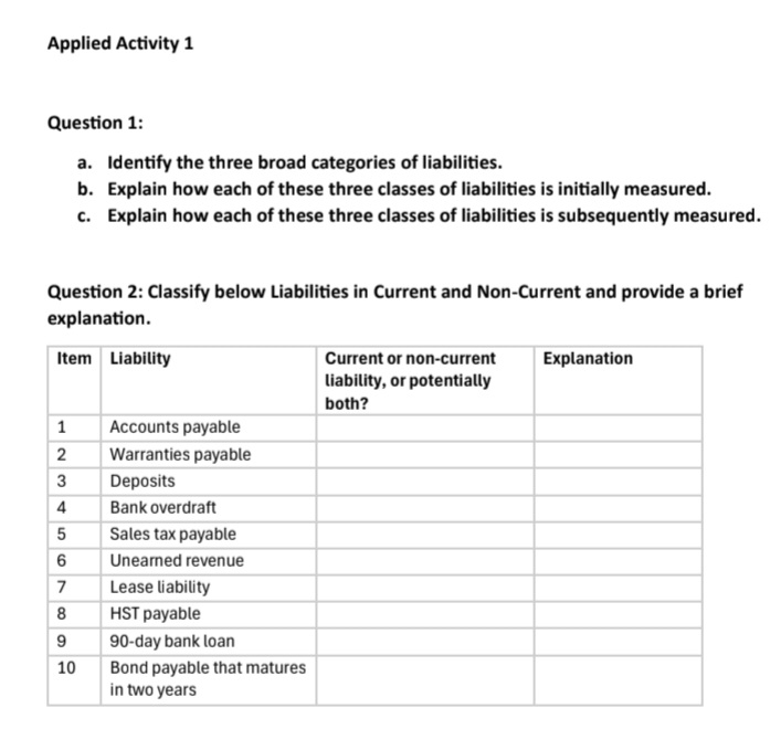 Applied Activity 1 Question 1 : a . Identify the