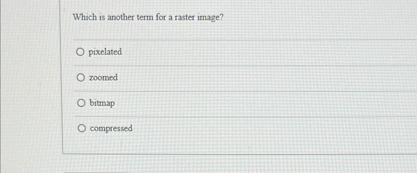  Which is another term for a raster image? pixelated zoomed bitmap