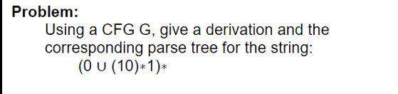 Problem: Using a CFG G , give a derivation and