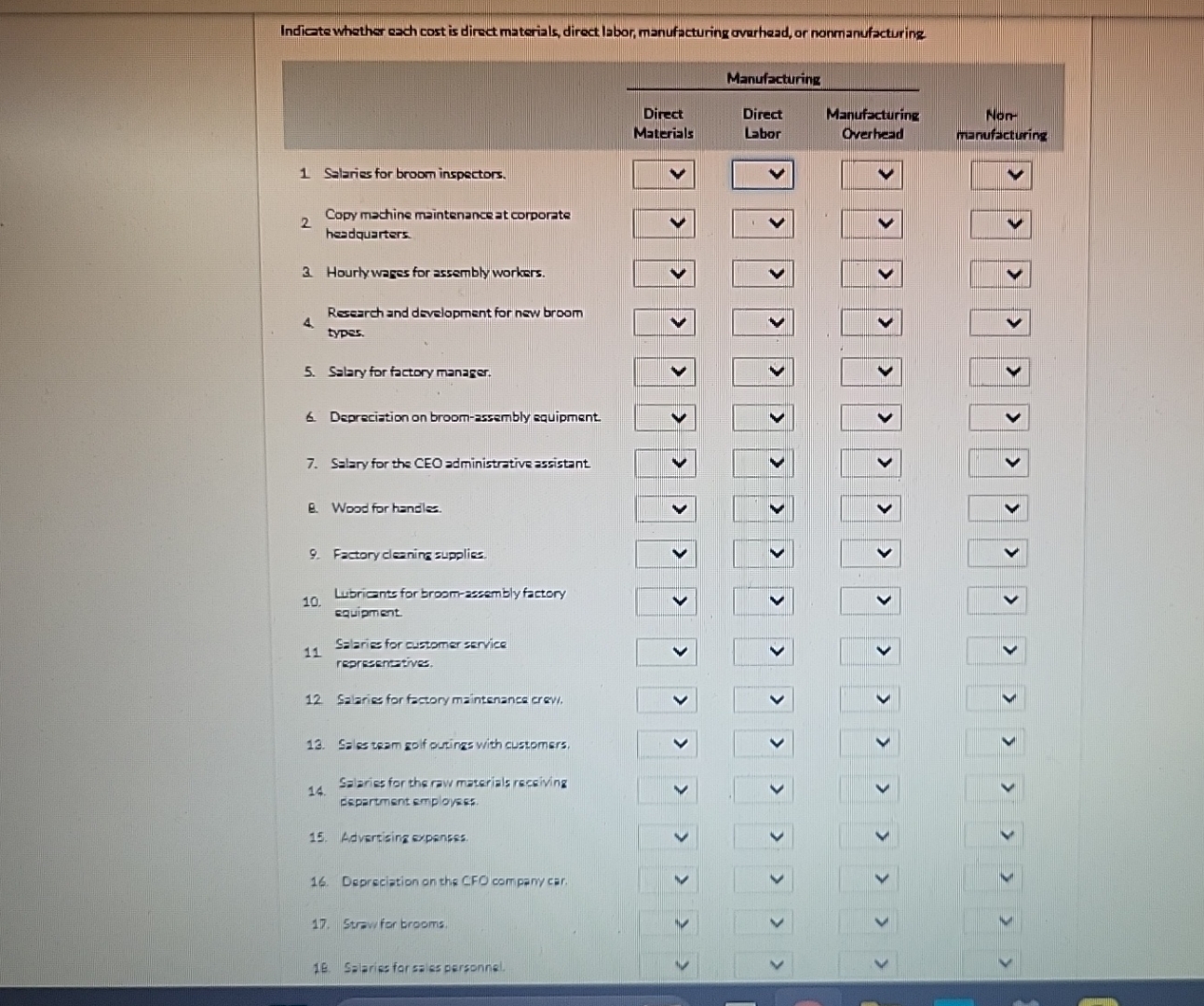Indiate whether each cost is direct materials,