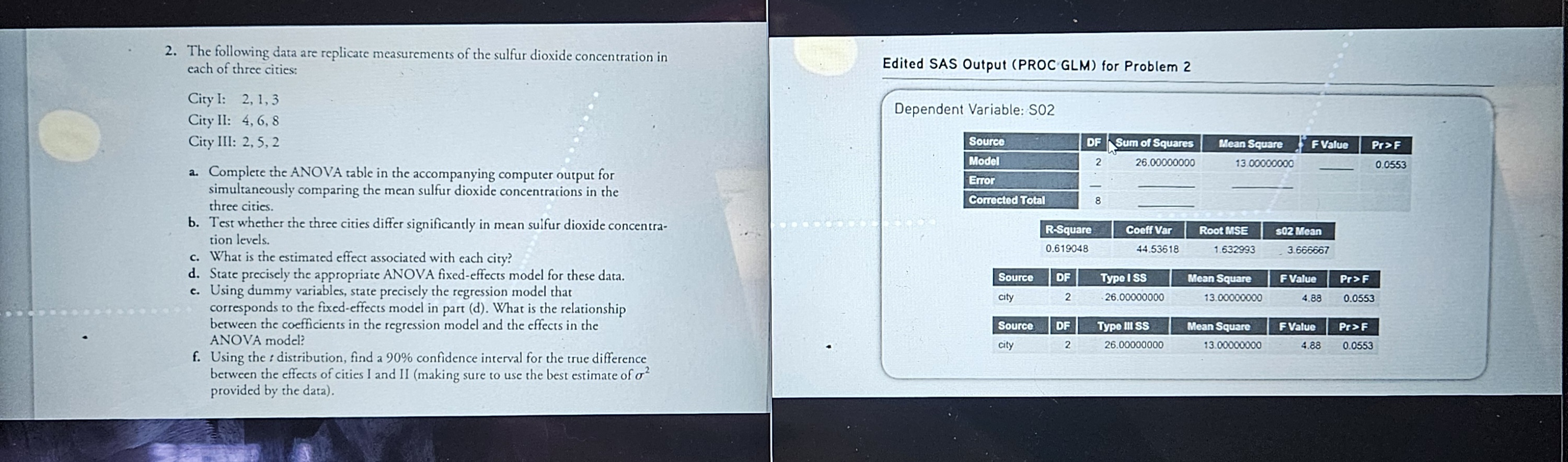 Edited SAS Output ( PROC GLM ) for Problem 2