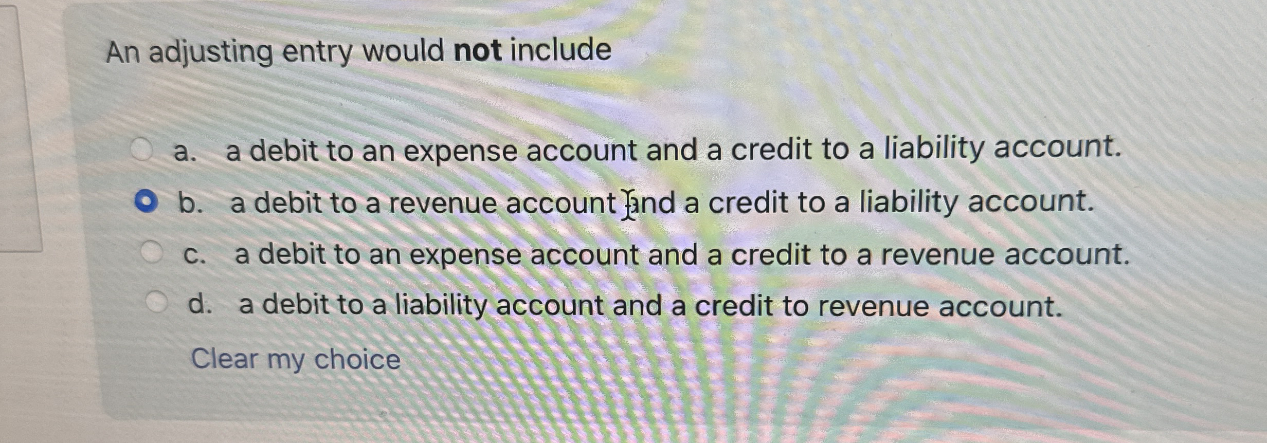 An adjusting entry would not include a . a debit