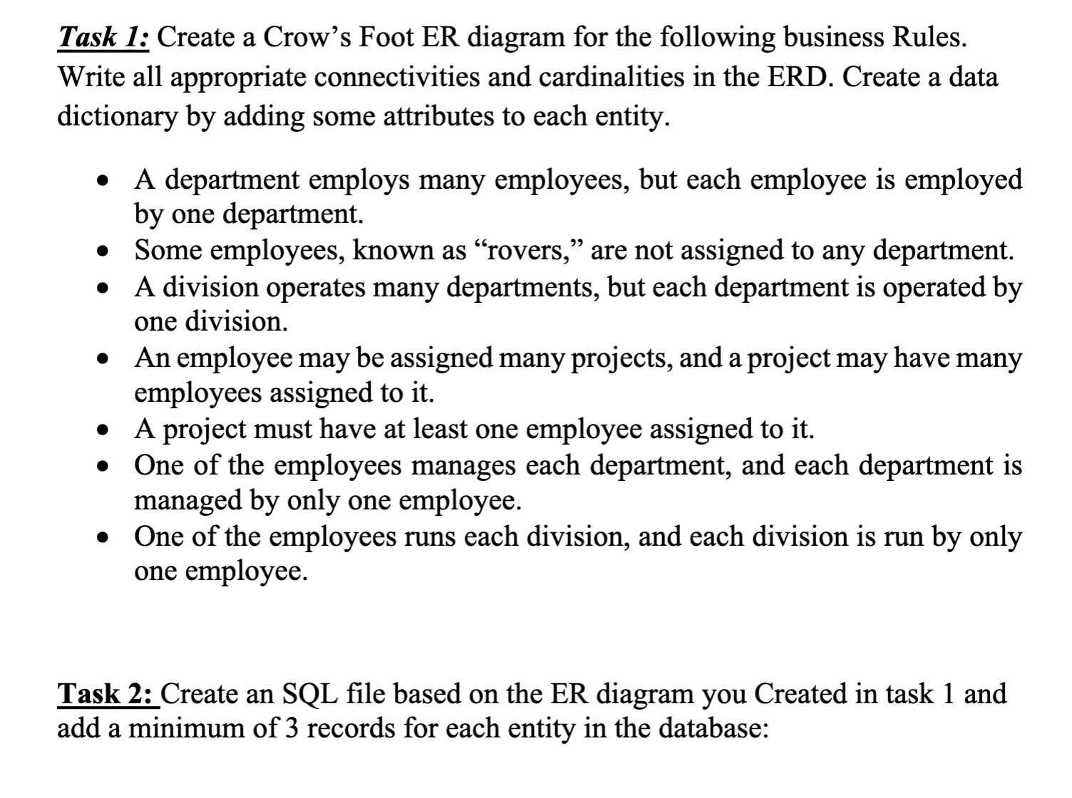 Task 1 : Create a Crow's Foot ER diagram for the