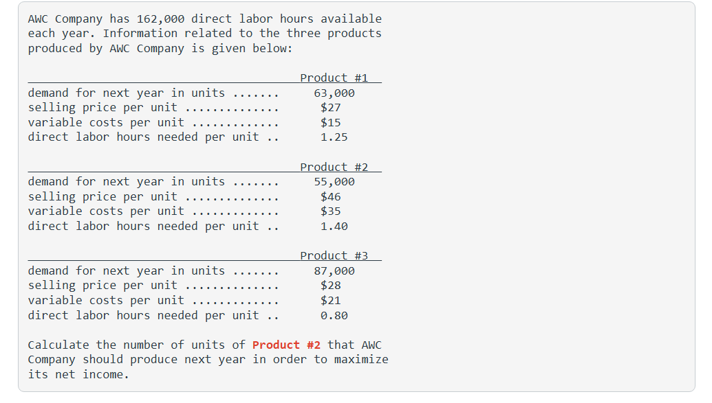AWC Company has 1 6 2 , 0 0 0 direct labor hours