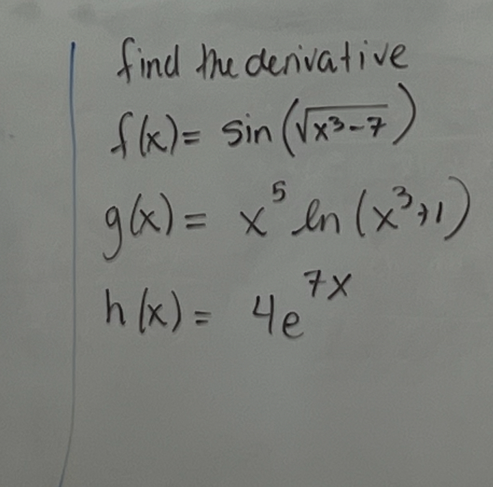 find the derivative g ( x ) = x 5 l n ( x 3 + 1 )