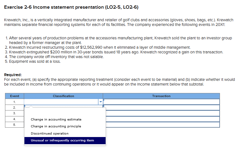 Exercise 2 - 6 Income statement presentation ( LO