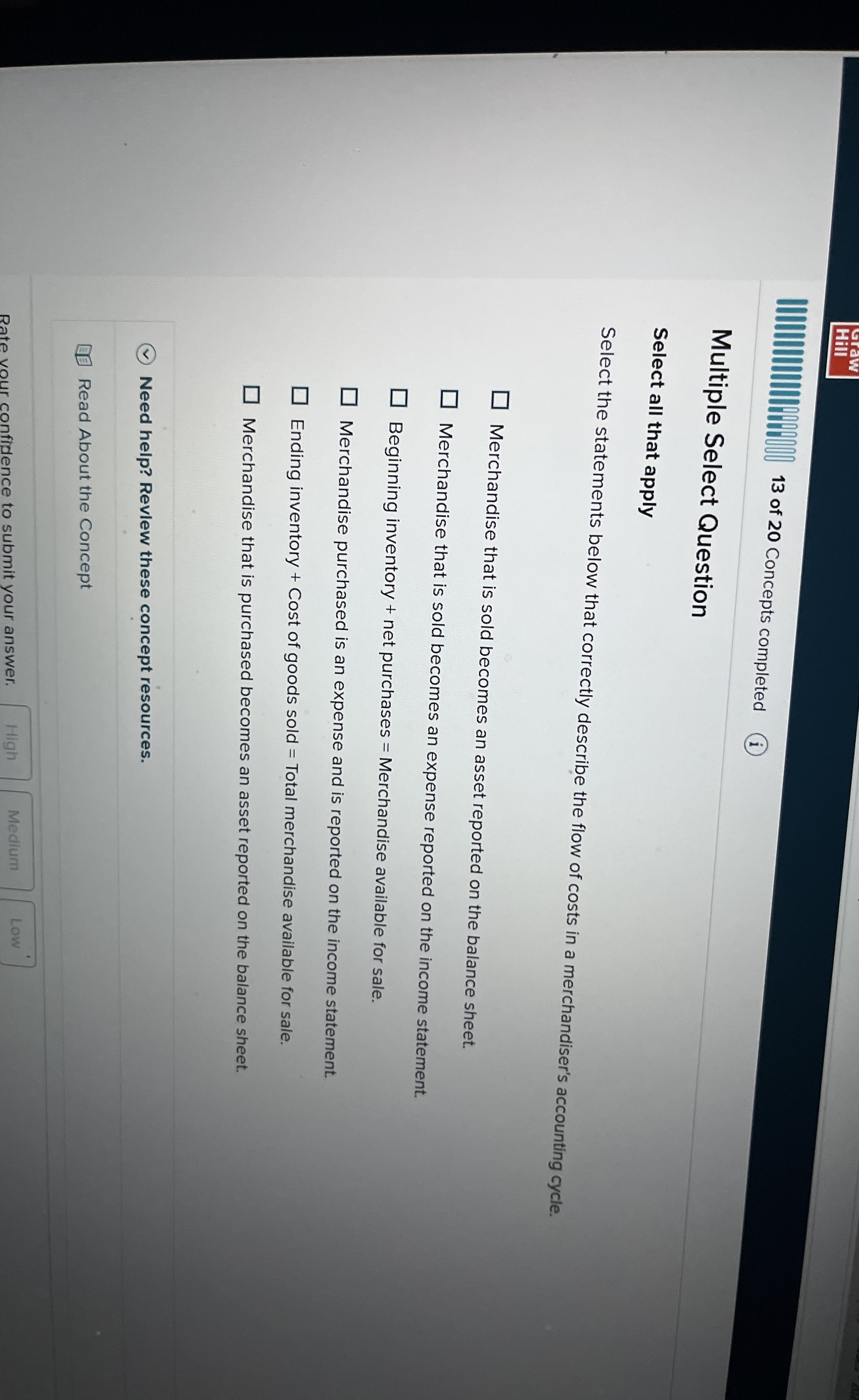 1 3 of 2 0 Concepts completed Multiple Select