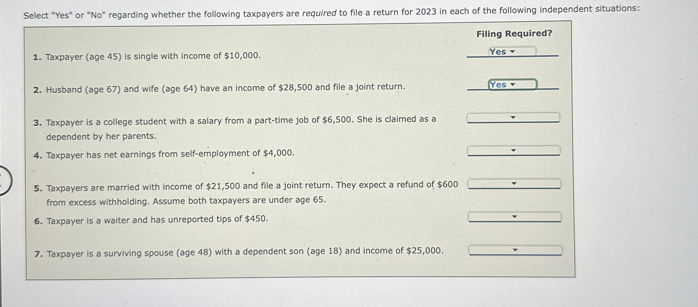 Select "Yes" or " No " regarding whether the