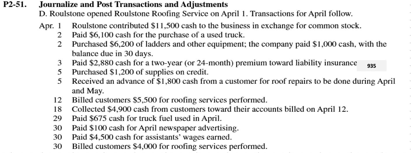 P 2 - 5 1 . Journalize and Post Transactions and