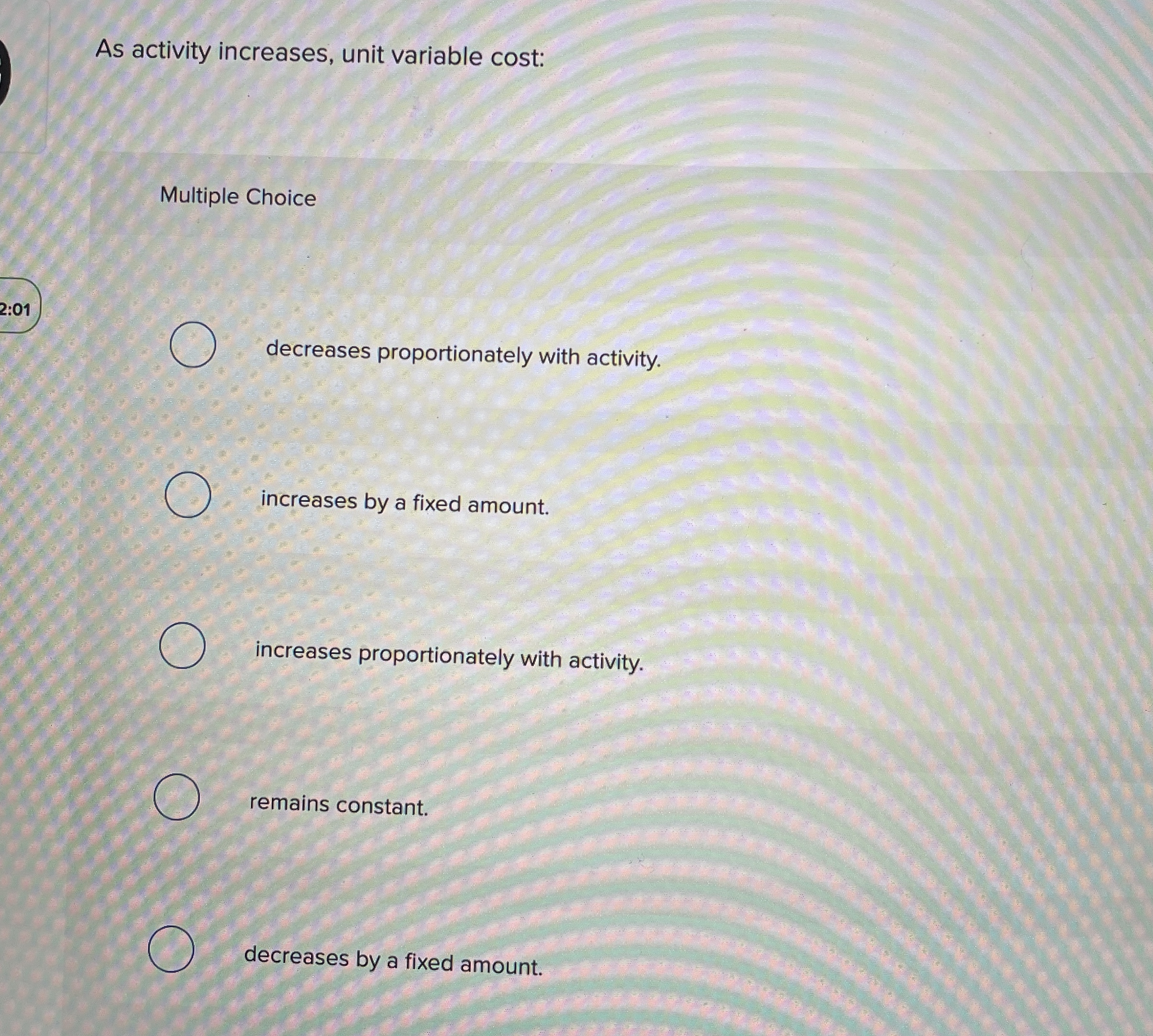 As activity increases, unit variable cost: