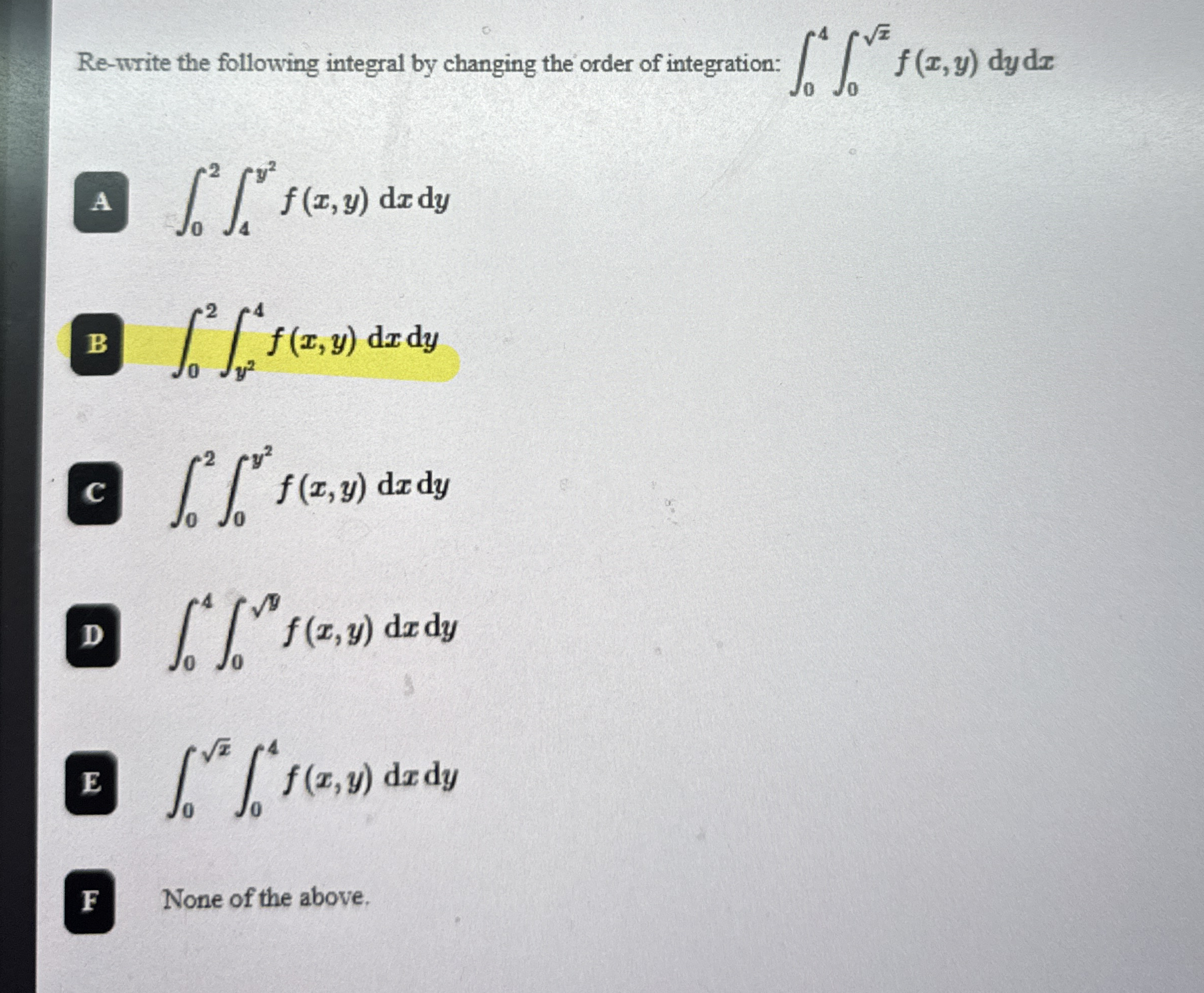 Re - write the following integral by changing the