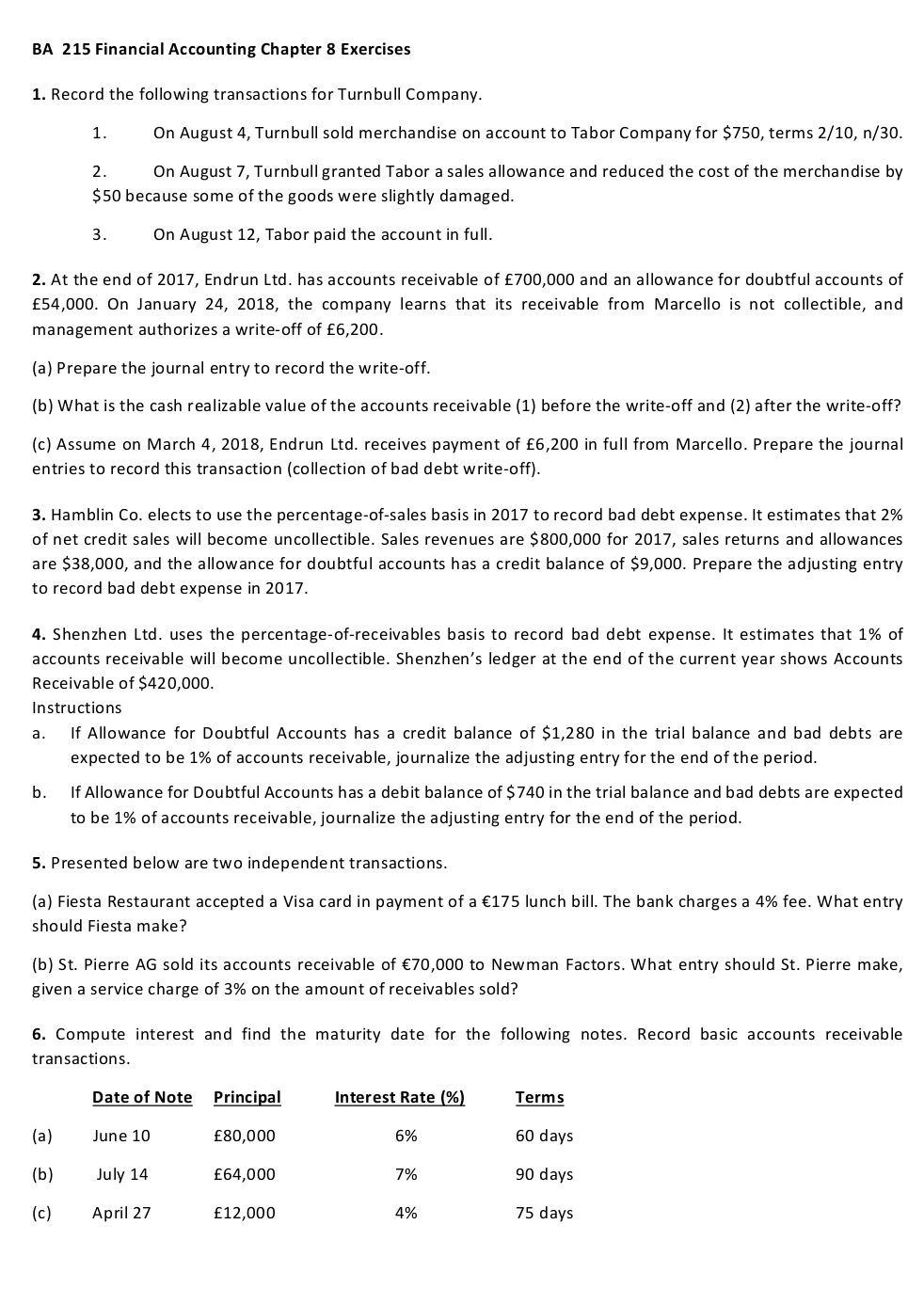 BA 2 1 5 Financial Accounting Chapter 8 Exercises