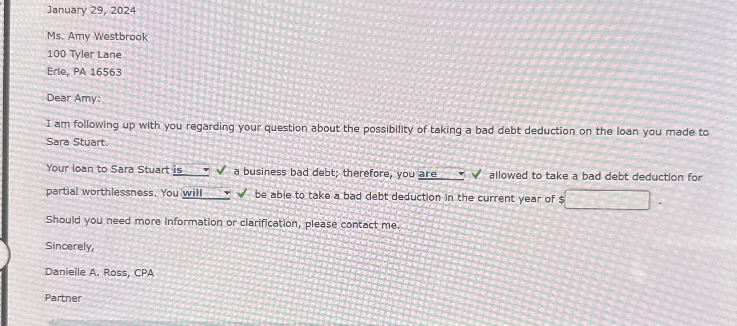 January 2 9 , 2 0 2 4 Ms . Amy Westbrook 1 0 0