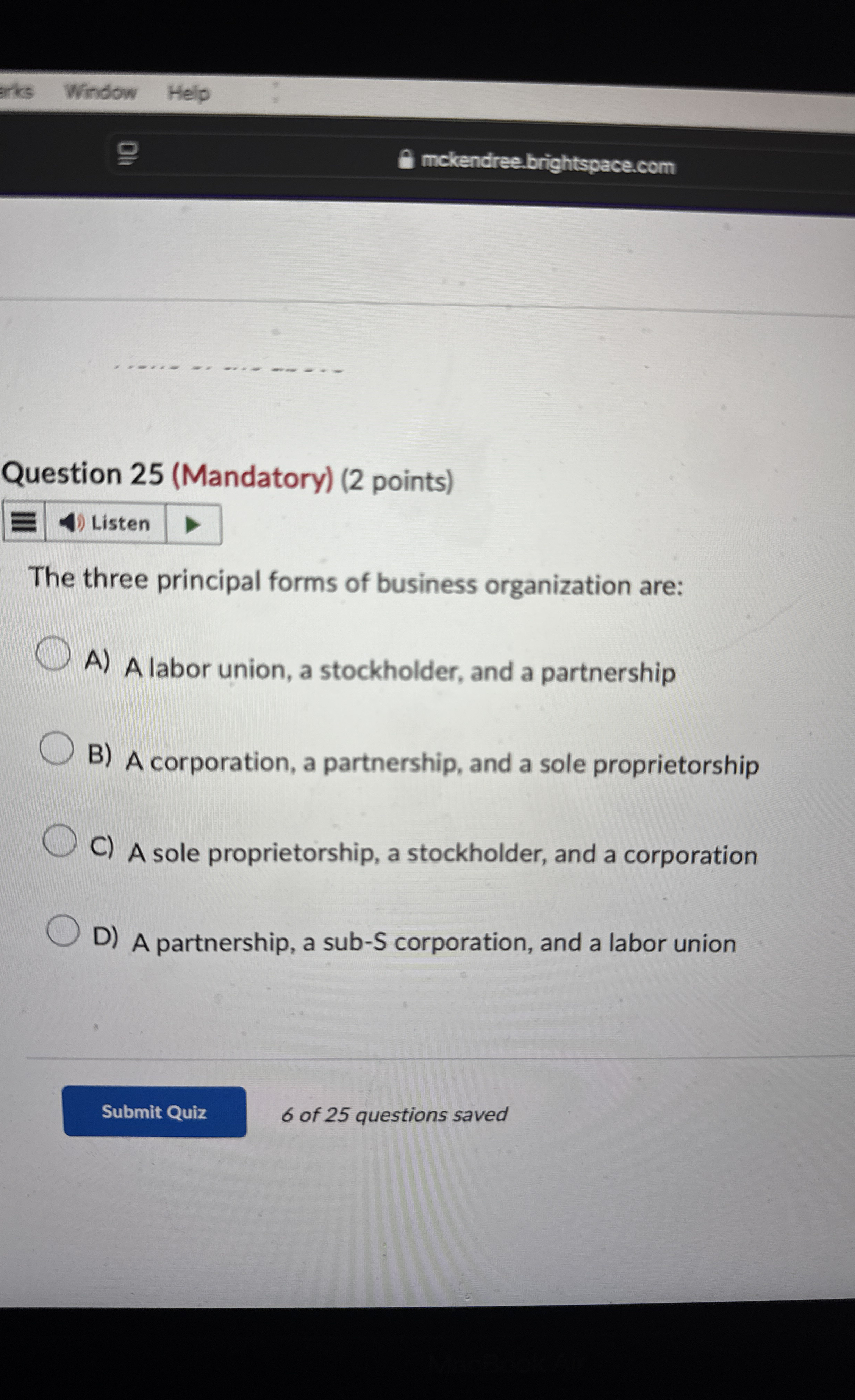 Window Help mckendree.brightspace.com Question 2