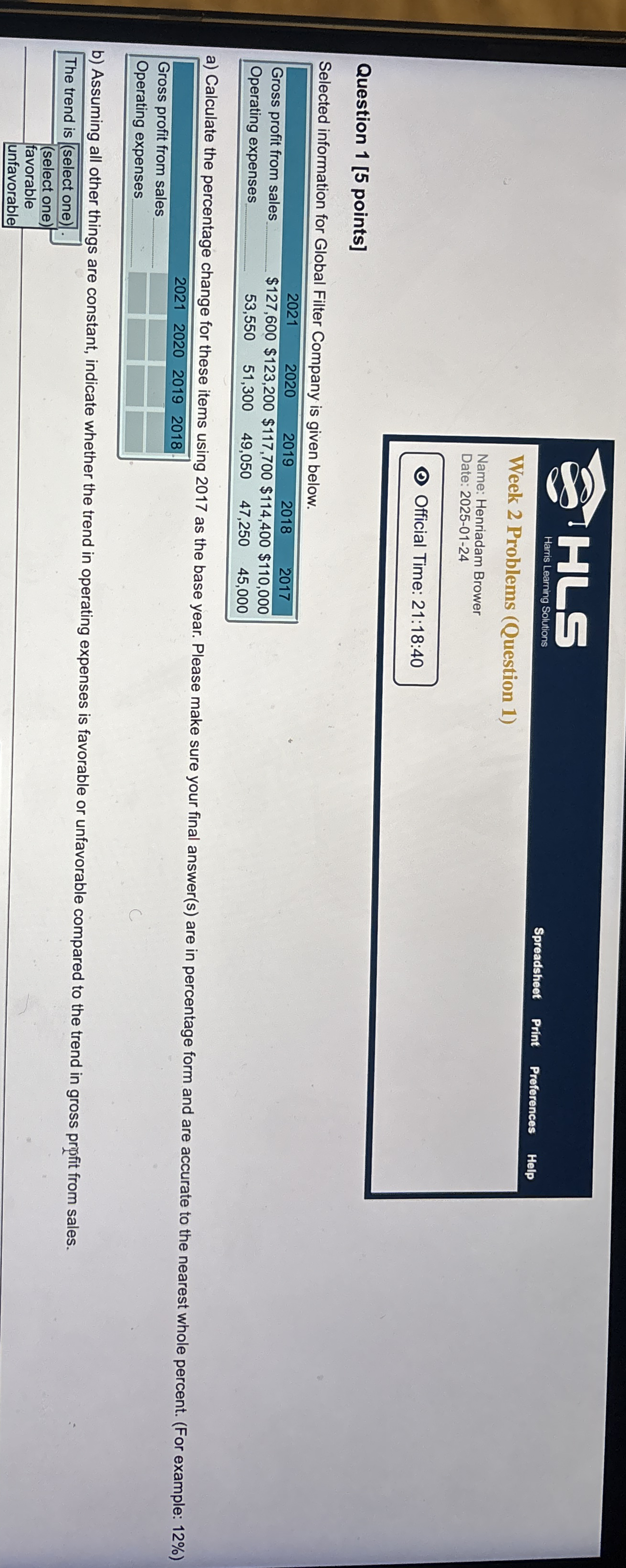 Question 1 [ 5 points ] Selected information for