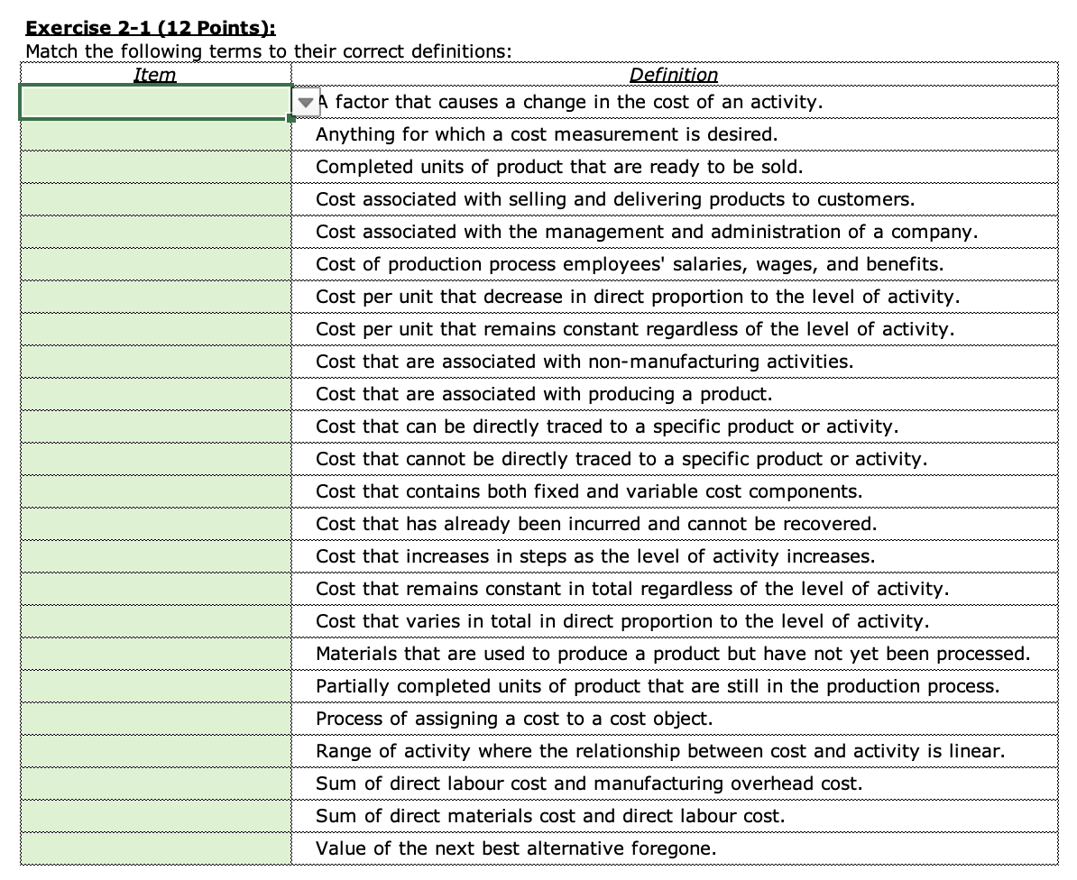 Exercise 2 - 1 ( 1 2 Points ) : Match the
