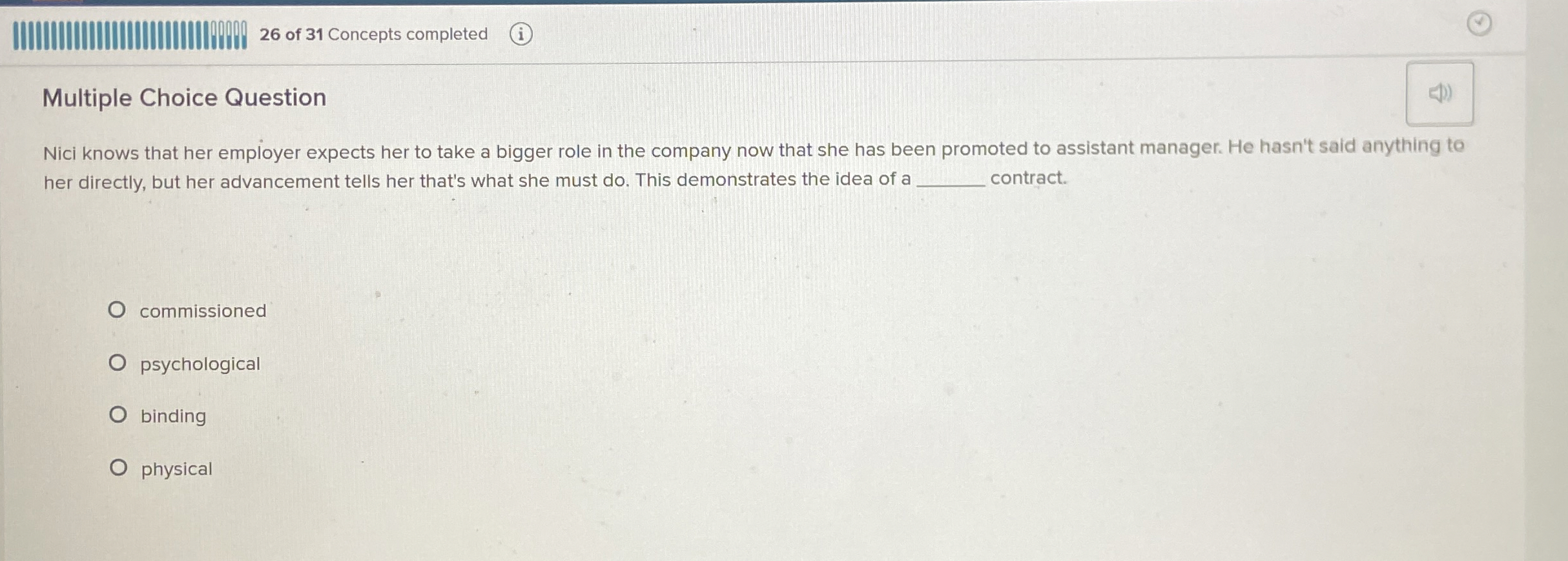 2 6 of 3 1 Concepts completed Multiple Choice