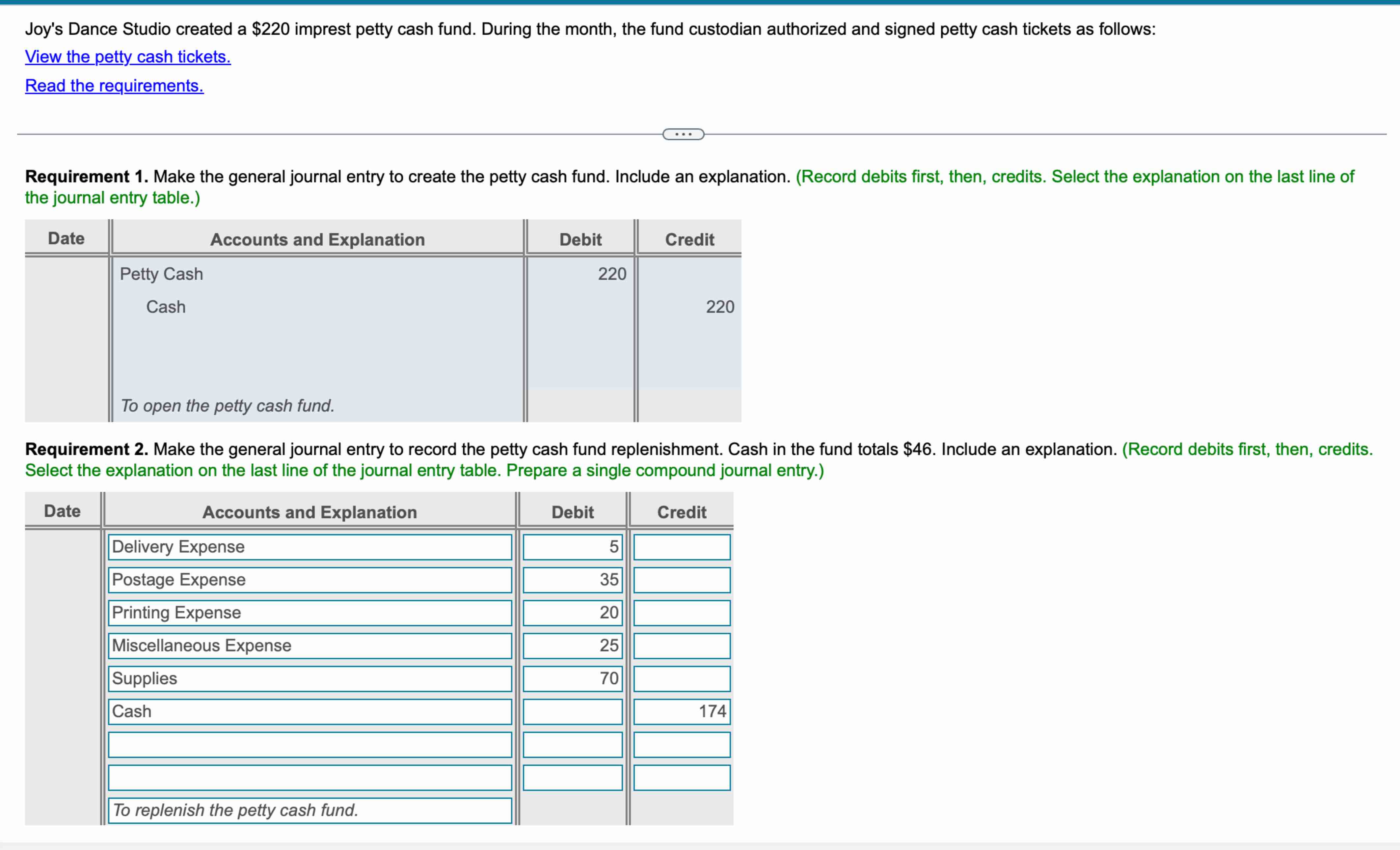 Joy's Dance Studio created a $ 2 2 0 imprest