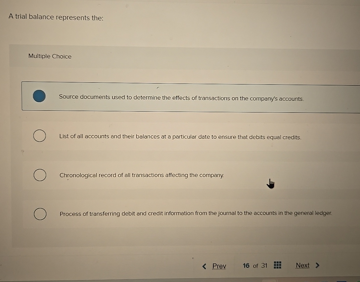 A trial balance represents the: Multiple Choice