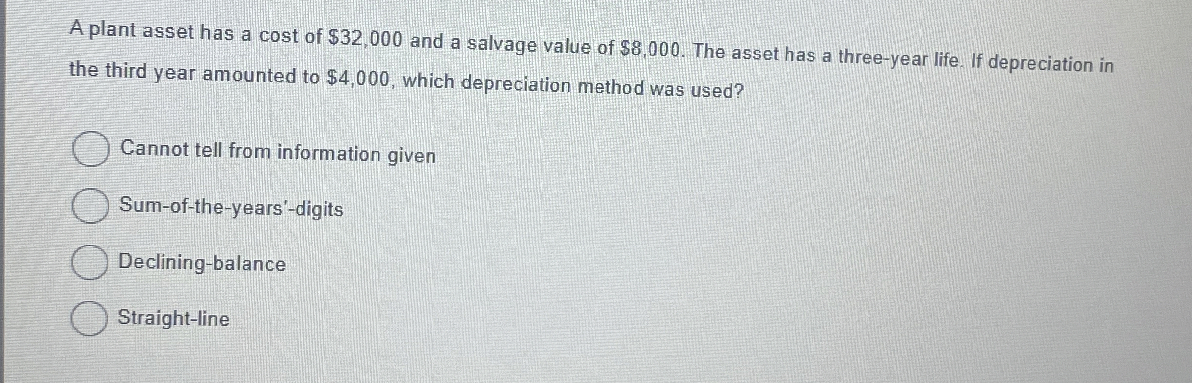 A plant asset has a cost of $ 3 2 , 0 0 0 and a
