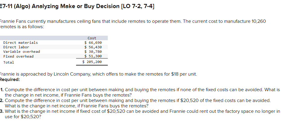 E 7 - 1 1 ( Algo ) Analyzing Make or Buy Decision