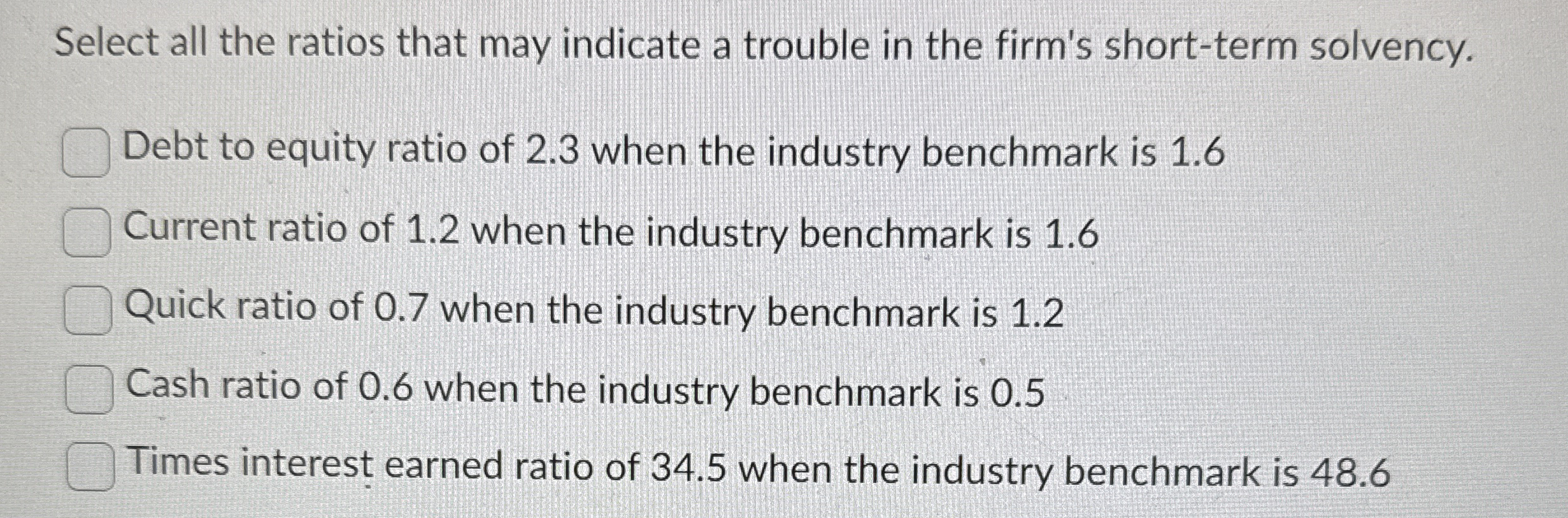 Select all the ratios that may indicate a trouble