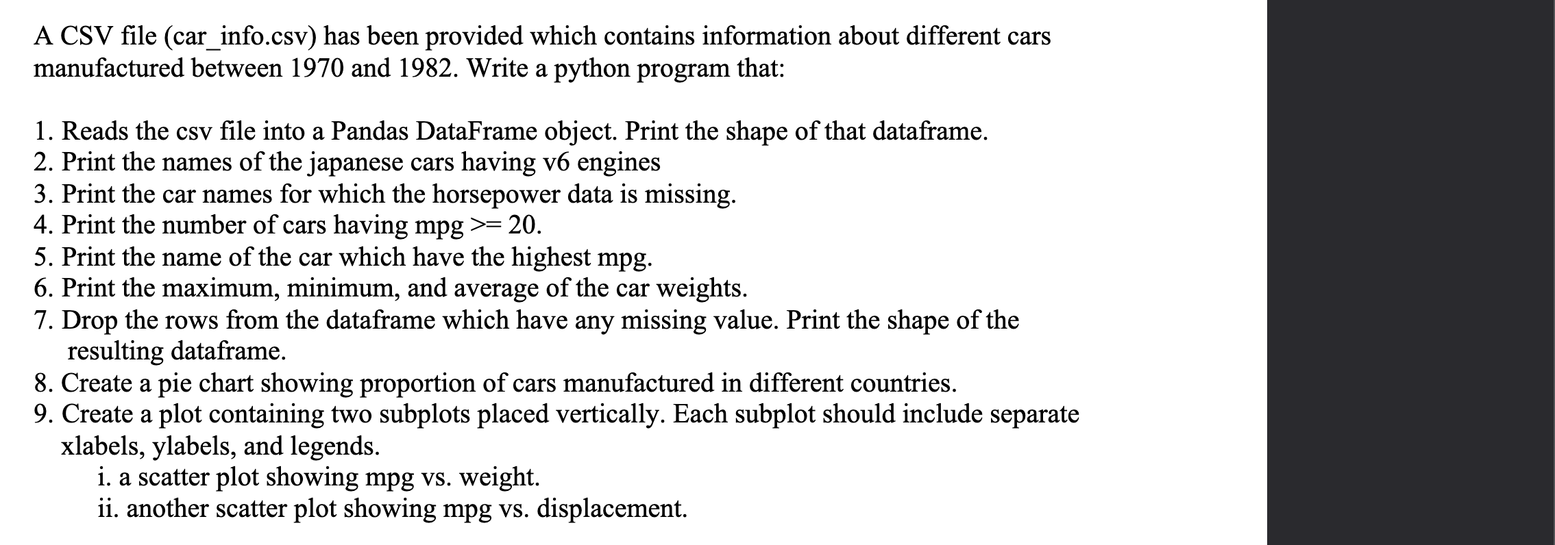 A CSV file (car_info.csv) has been provided which