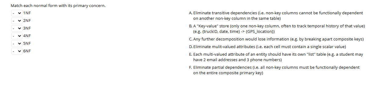 asnswer Match each normal form with its primary