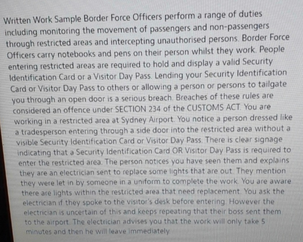 Written Work Sample Border Force Officers perform
