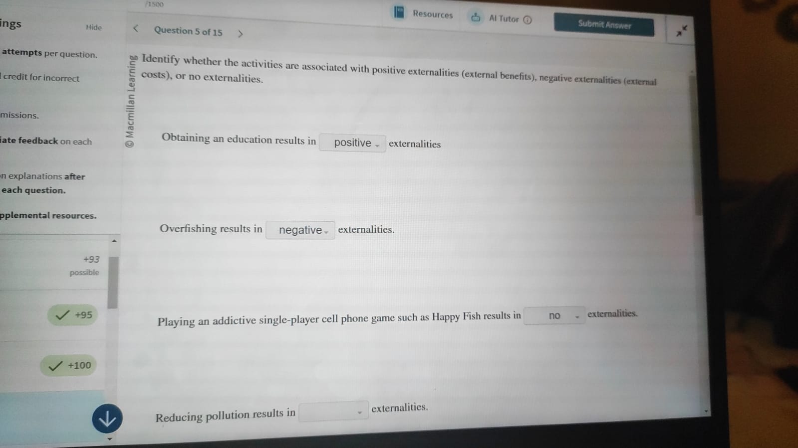 1500 Resources Al Tutor Submit Answer ings Hide <