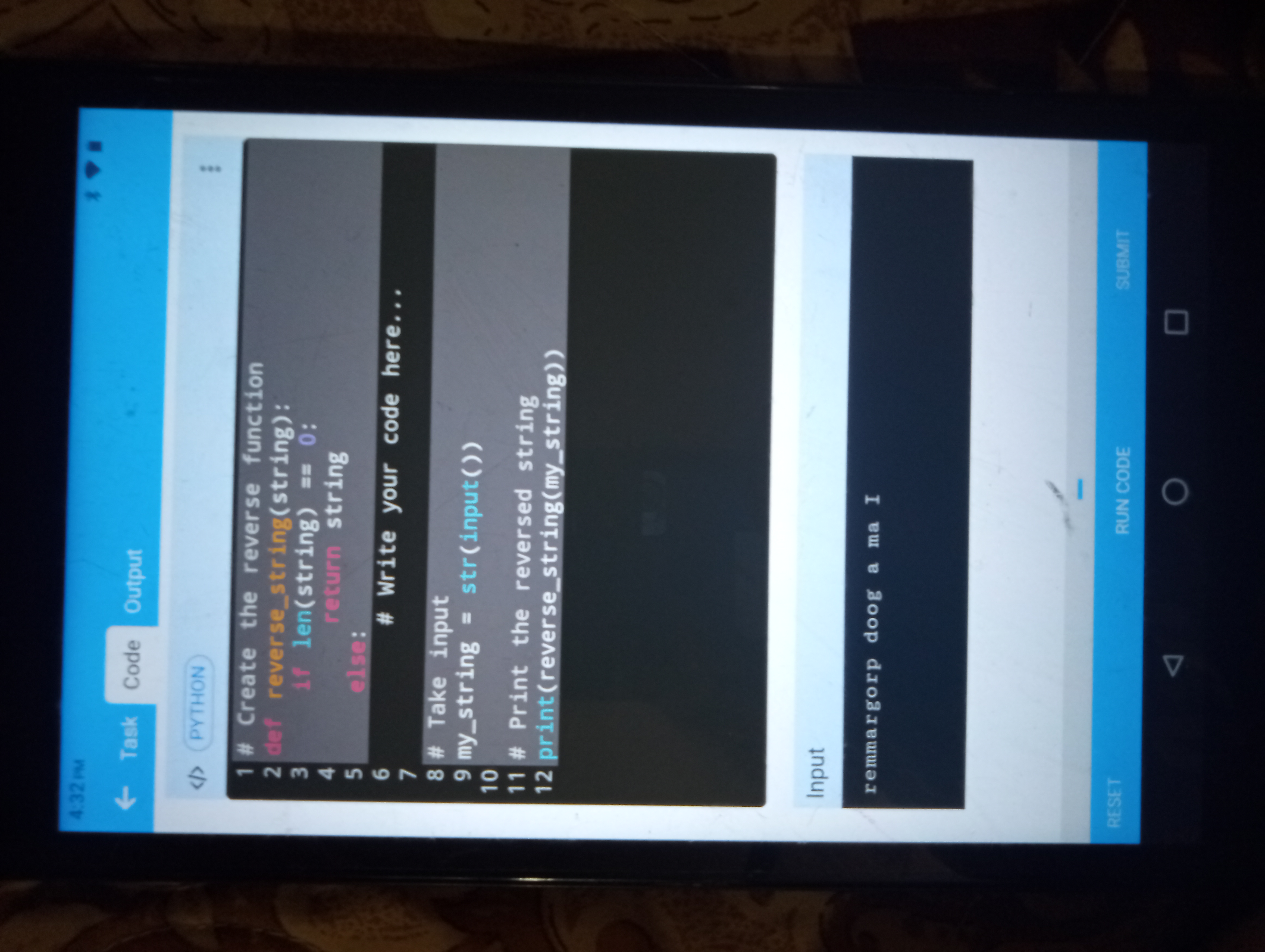 Task Code Output Complete the code given in the
